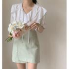 Short-sleeve Ruffled Trim Chiffon Blouse / Plain A-line Mini Skirt