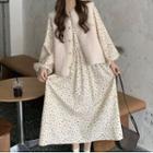 Balloon-sleeve Floral Print Midi A-line Dress / Single-breasted Fleece Vest