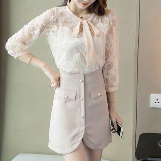 Set: Bow Accent 3/4-sleeve Lace Top + Mini A-line Skirt