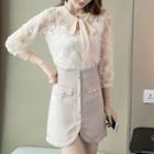 Set: Bow Accent 3/4-sleeve Lace Top + Mini A-line Skirt