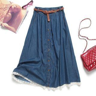 Button-up Lace Trim Denim Midi A-line Skirt