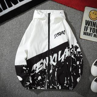 Color Block Letter Printed Zipped Hooded Jacket