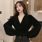 Dotted Lantern-sleeve Top Black - One Size