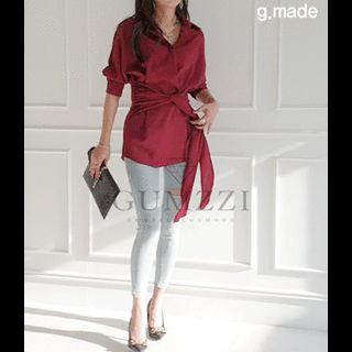 Dolman-sleeve Tie-waist Blouse Wine Red - One Size