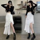 Long-sleeve V-neck T-shirt / Slit Midi A-line Skirt