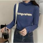Mock-turtleneck Letter Applique Long-sleeve T-shirt