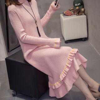 Mock-neck Frill Trim Midi Sweater Dress
