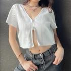 Short-sleeve Zip-up Ribbed Top
