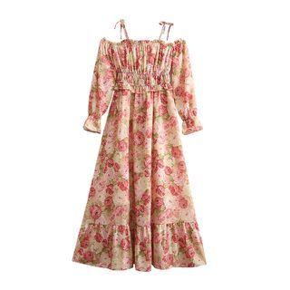 Cold-shoulder Floral Print Maxi A-line Dress