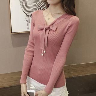 Bow V-neck Long-sleeve T-shirt