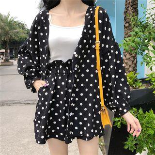 Set: V-neck Dotted Blouse + Wide-leg Shorts Black - One Size