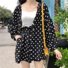 Set: V-neck Dotted Blouse + Wide-leg Shorts Black - One Size