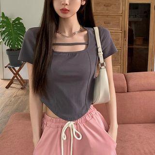 Short-sleeve Square-neck Asymmetrical Cropped Top
