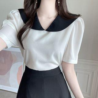 Puff-sleeve Contrast-collar Blouse