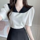 Puff-sleeve Contrast-collar Blouse