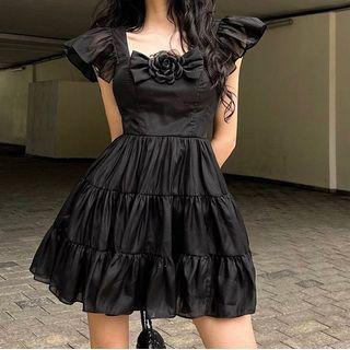 Cap-sleeve Bow Tiered Mini A-line Dress