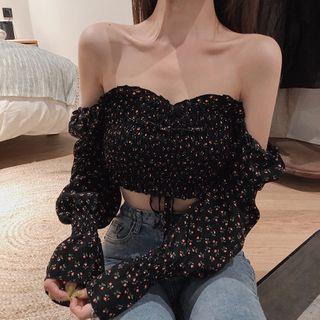 Off-shoulder Floral Print Drawstring Blouse As Shown In Figure - One Size