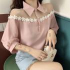Flower Detail Elbow-sleeve Blouse Pink - One Size