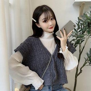 Plain Turtle-neck Loose-fit Long-sleeve Top / Plain V-neck Single-breasted Loose-fit Knit Vest
