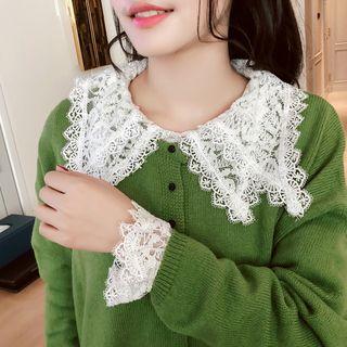 Collared Long-sleeve Lace Top White - One Size