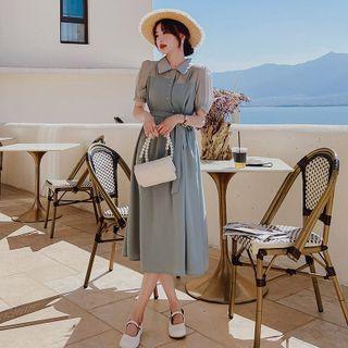 Short-sleeve Collar Mesh Panel Midi A-line Dress