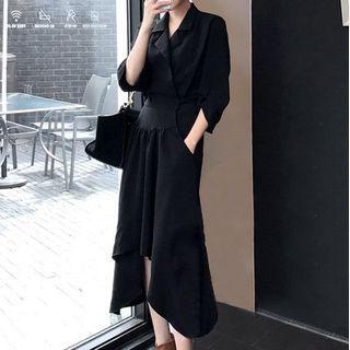 Notch Lapel Irregular Hem Midi A-line Dress Gray - One Size