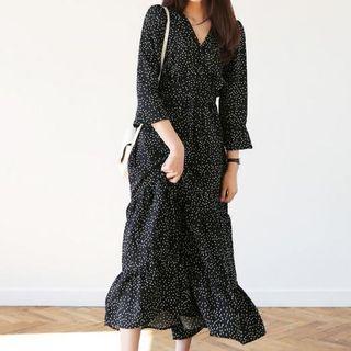 3/4-sleeve Patterned Chiffon A-line Midi Dress As Shown In Figure - One Size