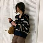 V-neck Color-block Fluffy Sweater