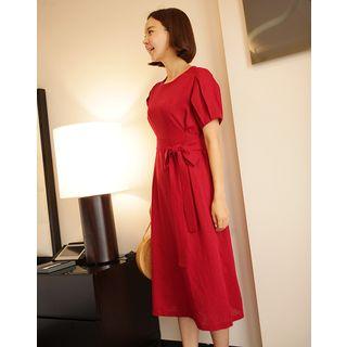 Tie-waist Pleated-sleeve Linen Blend Midi Dress
