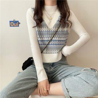 Printed Knit Vest / Long Sleeve Mock Neck Top
