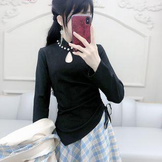 Long-sleeve Mock-neck Beaded Top