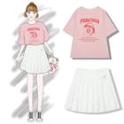 Elbow-sleeve Graphic T-shirt / A-line Mini Pleated Skirt