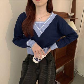 Long-sleeve Two-tone Cropped Sweater