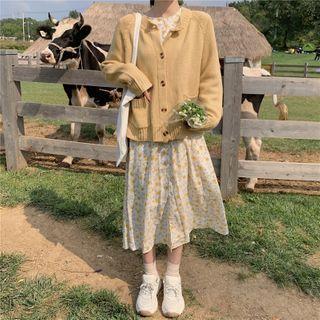 Plain Knit Cardigan / Floral Midi A-line Dress