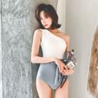 One Shoulder Two Tone Tie Waist Swimsuit