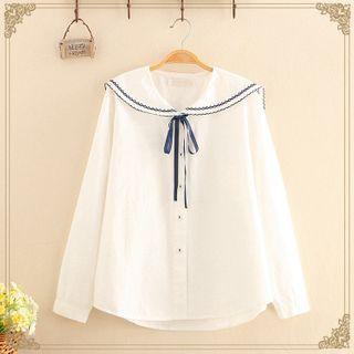 Lapel Embroidered Long-sleeve Shirt White - One Size