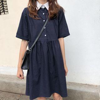 Elbow-sleeve Collared A-line Dress Navy Blue - One Size