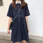 Elbow-sleeve Collared A-line Dress Navy Blue - One Size