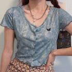 Short-sleeve Butterfly Embroidered Tie-dyed T-shirt As Shown In Figure - One Size