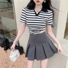 Striped Polo Shirt / Pleated Mini A-line Skirt / Set