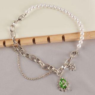 Layered Faux Pearl Rhinestone Chain Necklace Silver - One Size