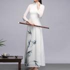 Long-sleeve Printed Maxi A-line Qipao Dress