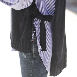 Set: Sleeveless Beribboned-side Knit Top + Stripe Shirt