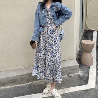 Long-sleeve Floral Print Dress / Denim Jacket