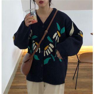 Daisy-print Knit Cardigan As Shown In Figure - One Size