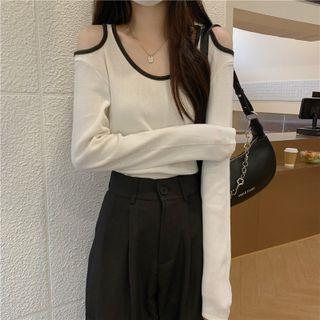 Long-sleeve Cold-shoulder Two-tone Top
