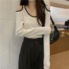 Long-sleeve Cold-shoulder Two-tone Top