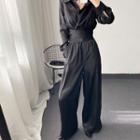 Set: Long-sleeve Cropped Blouse + Elastic-waist Wide-leg Pants