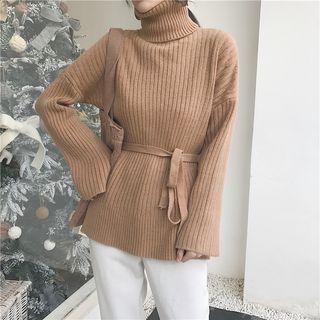 Turtleneck Waist-tied Slit-side Sweater