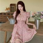 Round-neck Lace Up Trill Trim Floral Print A-line Dress